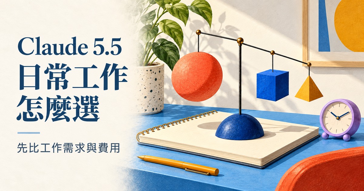 封面文字「Claude 5.5／日常工作怎麼選」，大小不同的彩色幾何物件懸在平衡架上，象徵依工作需求選擇。